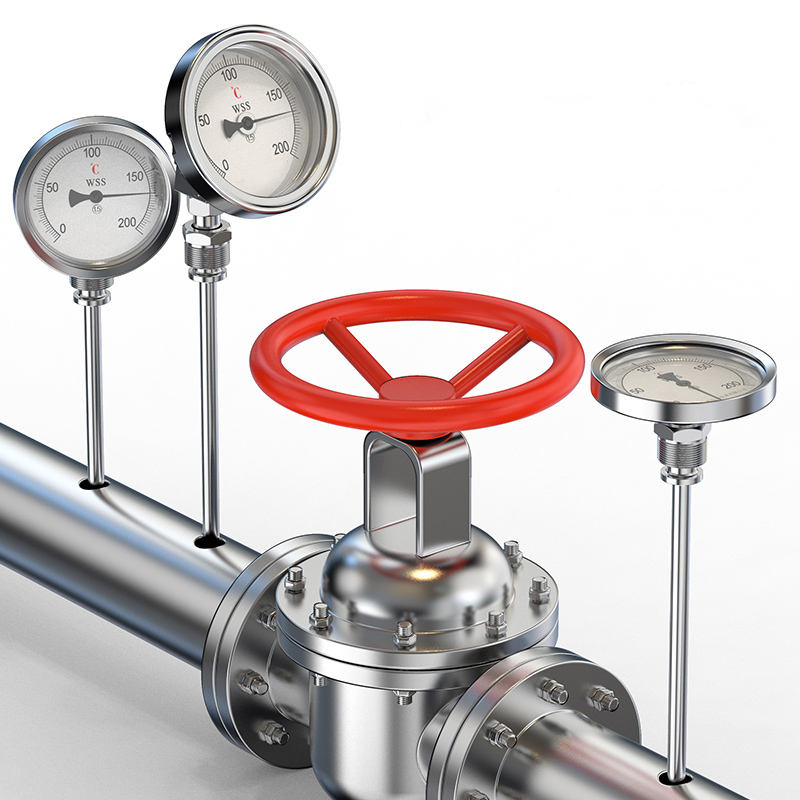 Industriell aksial-radial type tilpasset lengde 1/2 gjenger 304 rustfritt stål 1,6 presisjonsviser-type bimetallisk termometer