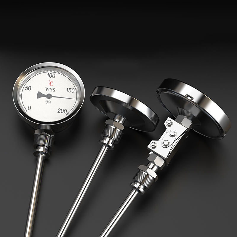 Industriell aksial-radial type tilpasset lengde 1/2 gjenger 304 rustfritt stål 1,6 presisjonsviser-type bimetallisk termometer