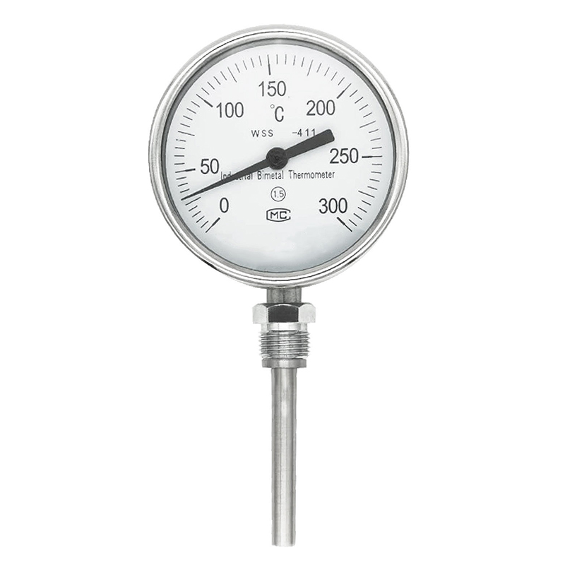 Industriell aksial-radial type tilpasset lengde 1/2 gjenger 304 rustfritt stål 1,6 presisjonsviser-type bimetallisk termometer