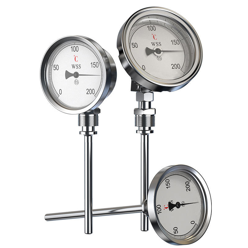 Industriell aksial-radial type tilpasset lengde 1/2 gjenger 304 rustfritt stål 1,6 presisjonsviser-type bimetallisk termometer